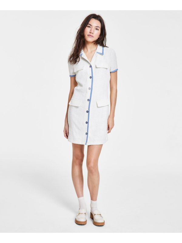 CITY STUDIO Womens Ivory Unlined Faux Pockets Button Down Color Block Short Sleeve Point Collar Short Shirt Dress Online Hot Sale