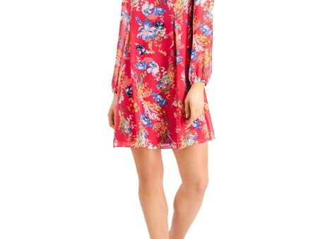 INC Womens Floral Long Sleeve V Neck Mini Party Shift Dress Online Sale