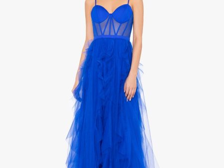 BLONDIE NITES Womens Blue Zippered Ruffled Caged Midriff Padded Spaghetti Strap Sweetheart Neckline Full-Length Formal Fit + Flare Dress Discount