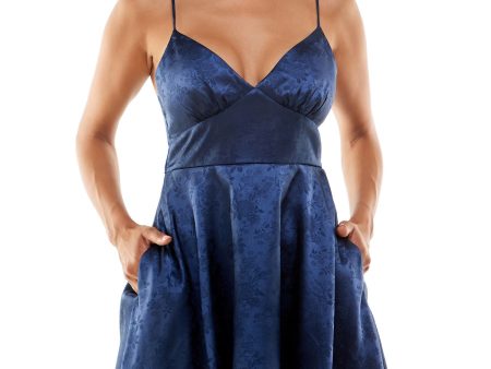 B DARLIN Womens Navy Zippered Pocketed Lined Spaghetti Strap V Neck Short Party Fit + Flare Dress Fashion