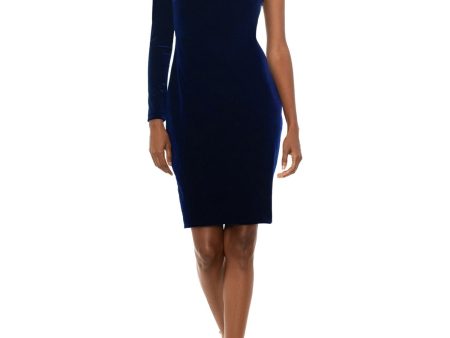 BETSY & ADAM Womens Navy Pleated Zippered Lined Long Sleeve Asymmetrical Neckline Above The Knee Party Sheath Dress Online