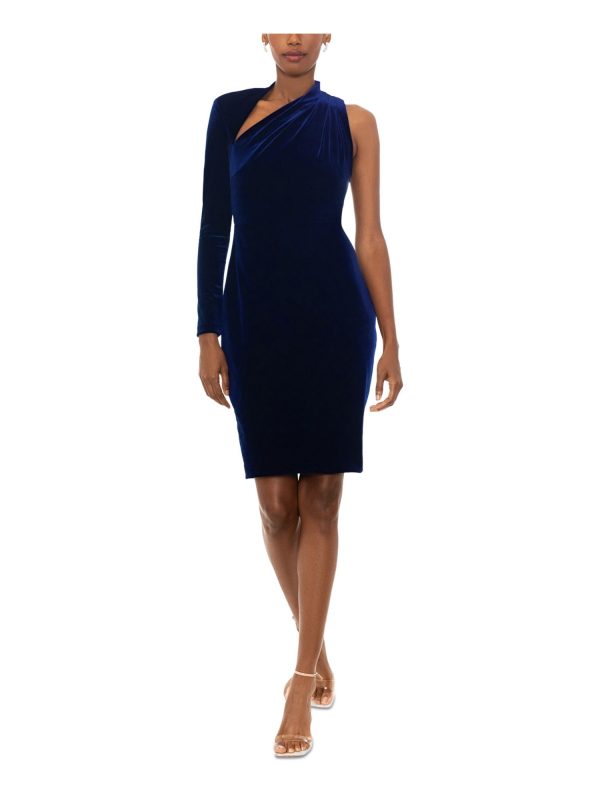 BETSY & ADAM Womens Navy Pleated Zippered Lined Long Sleeve Asymmetrical Neckline Above The Knee Party Sheath Dress Online