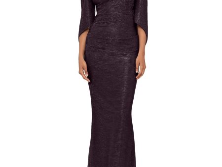 BETSY & ADAM Womens Purple Pleated Zippered Cape-style Drape Back Sleeves Cowl Neck Full-Length Formal Gown Dress Sale