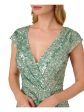 ADRIANNA PAPELL Womens Green Mesh Embellished Zippered Lined Cap Sleeve Surplice Neckline Midi Party Faux Wrap Dress on Sale