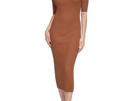 CALVIN KLEIN Womens Brown Knit Ribbed Hardware Detail Short Sleeve Asymmetrical Neckline Midi Party Sweater Dress Discount