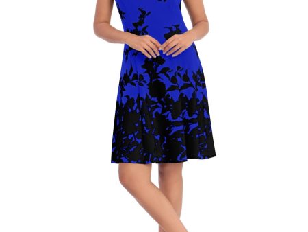 LONDON TIMES PETITES Womens Blue Zippered Unlined Floral Cap Sleeve Round Neck Above The Knee Wear To Work Fit + Flare Dress Cheap