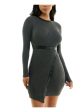 BCX DRESS Womens Gray Knit Ribbed Keyhole Back Faux-wrap Skirt Long Sleeve Round Neck Short Party Body Con Dress Hot on Sale