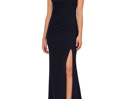 ADRIANNA PAPELL Womens Navy Embellished Zippered Slitted Pleated Lined Short Sleeve Off Shoulder Full-Length Evening Gown Dress Online now