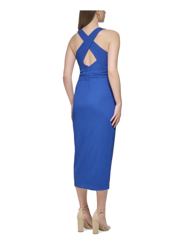 GUESS Womens Blue Lined Gathered O-ring Tulip Hem Sleeveless Surplice Neckline Tea-Length Cocktail Sheath Dress Online Sale