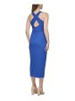 GUESS Womens Blue Lined Gathered O-ring Tulip Hem Sleeveless Surplice Neckline Tea-Length Cocktail Sheath Dress Online Sale