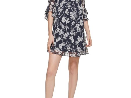 CALVIN KLEIN Womens Navy Lined Ruffled Keyhole Floral Bell Sleeve V Neck Short Shift Dress Sale