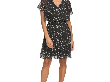 DKNY Womens Black Lined Smocked Waist Pullover Floral Flutter Sleeve V Neck Above The Knee Wear To Work Fit + Flare Dress Cheap