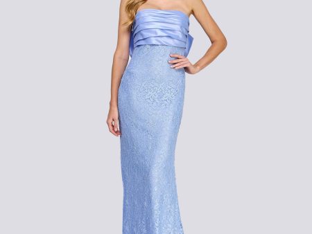 CITY STUDIO Womens Light Blue Lined Lace Glitter Zippered Bow Accent Plea Sleeveless Strapless Full-Length Formal Gown Dress on Sale