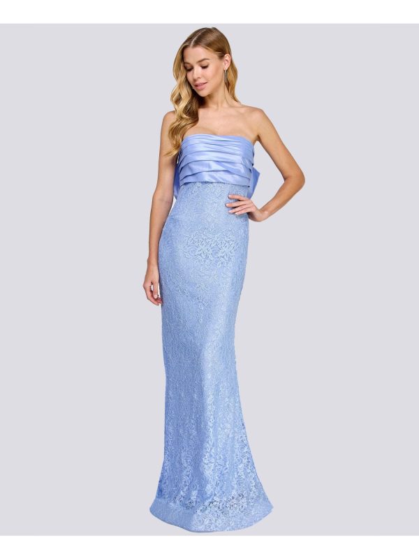 CITY STUDIO Womens Light Blue Lined Lace Glitter Zippered Bow Accent Plea Sleeveless Strapless Full-Length Formal Gown Dress on Sale