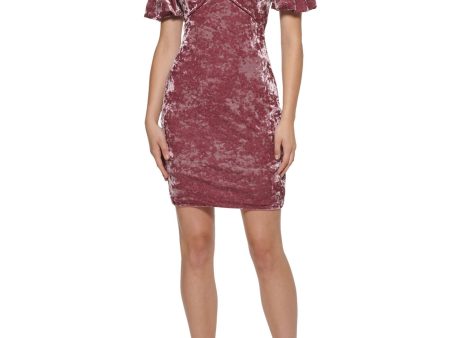 GUESS Womens Burgundy Textured Zippered Shirred At Neck Line Pouf Sleeve V Neck Short Party Body Con Dress Discount