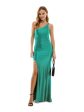 CITY STUDIO Womens Green Zippered Lined Cut Out Back Slitted Glitter Sleeveless Asymmetrical Neckline Full-Length Formal Body Con Dress For Discount