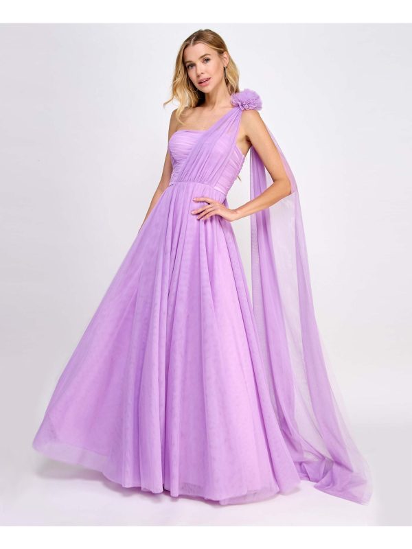 CITY STUDIO Womens Purple Pleated Zippered Mesh Rosette Accent Lined Sleeveless Asymmetrical Neckline Full-Length Prom Fit + Flare Dress Sale