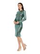 DRESS THE POPULATION Womens Green Ruched Zippered V-back Slit Back Hem Lined Long Sleeve V Neck Below The Knee Party Body Con Dress Discount