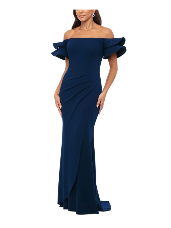 XSCAPE Womens Navy Pleated Zippered Tiered Ruffle Sleeves Lined Off Shoulder Full-Length Evening Sheath Dress Sale