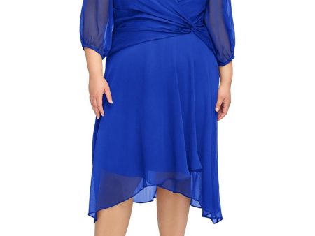 DKNY Womens Blue Zippered Lined Twist-side Hi-lo Hem Balloon Sleeve Surplice Neckline Midi Party Faux Wrap Dress Cheap