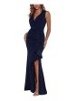 BETSY & ADAM Womens Navy Slitted Zippered Cascade Ruffle Runs Small Crosso Sleeveless Collared Full-Length Evening Gown Dress Online