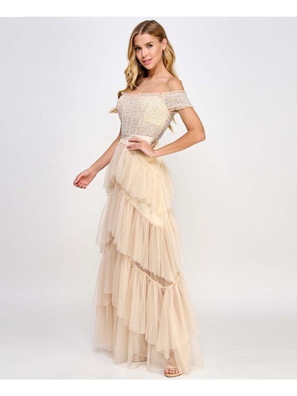 CITY STUDIO Womens Beige Sequined Zippered Boned Bodice Tiered Skirt Short Sleeve Off Shoulder Full-Length Prom Gown Dress Online Hot Sale