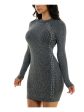 BCX DRESS Womens Silver Ribbed Cable Knit Side Pullover Raglan Sleeve Mock Neck Short Party Sweater Dress For Sale