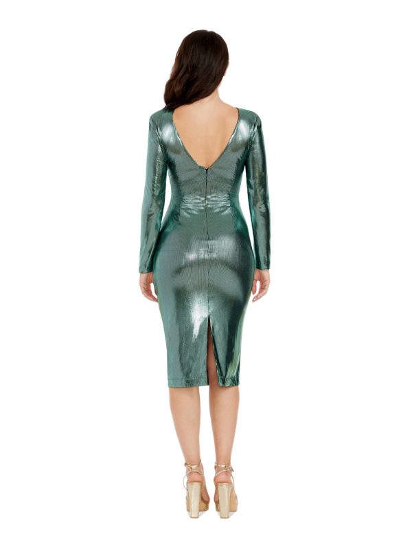 DRESS THE POPULATION Womens Green Ruched Zippered V-back Slit Back Hem Lined Long Sleeve V Neck Below The Knee Party Body Con Dress Discount