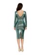 DRESS THE POPULATION Womens Green Ruched Zippered V-back Slit Back Hem Lined Long Sleeve V Neck Below The Knee Party Body Con Dress Discount