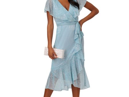 ADRIANNA PAPELL Womens Aqua Zippered Lined Metallic Belted Ruffled Capelet Floral Flutter Sleeve Surplice Neckline Midi Party Mermaid Dress on Sale