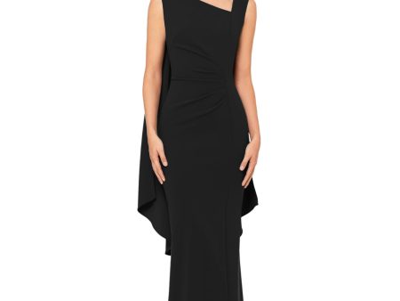 XSCAPE Womens Black Pleated Zippered Cape Overlay Back Lined Sleeveless Asymmetrical Neckline Full-Length Formal Sheath Dress Supply