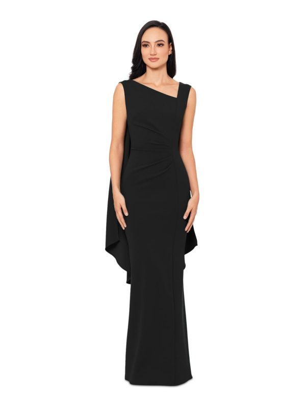 XSCAPE Womens Black Pleated Zippered Cape Overlay Back Lined Sleeveless Asymmetrical Neckline Full-Length Formal Sheath Dress Supply