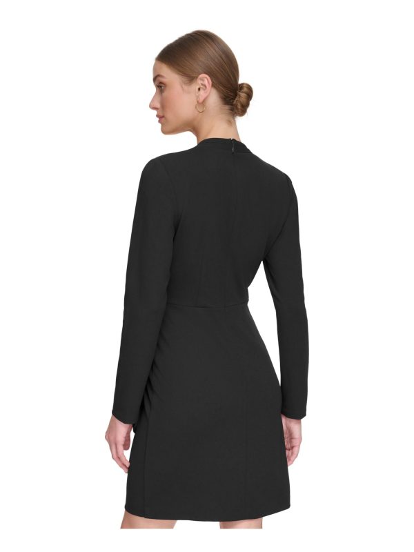 DKNY Womens Black Zippered Pleated Draped Skirt Long Sleeve Surplice Neckline Above The Knee Cocktail Faux Wrap Dress For Discount