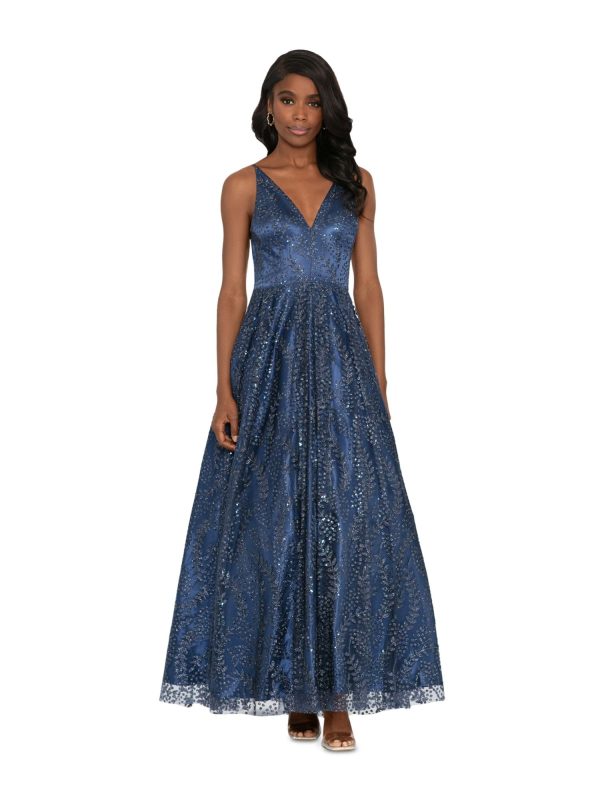 BLONDIE NITES Womens Navy Cut Out Zippered Lace-up Back Lined Sleeveless V Neck Full-Length Prom Gown Dress Online now