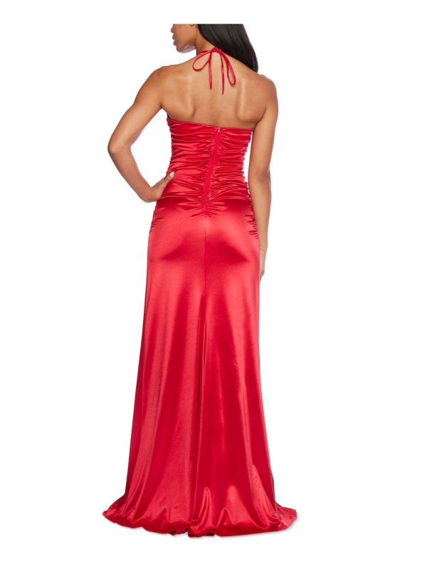 B DARLIN Womens Red Zippered Sleeveless Halter Full-Length Prom Gown Dress For Discount