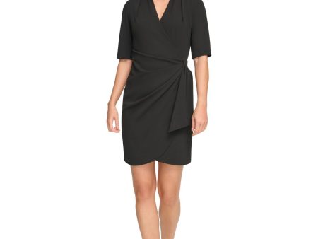 DKNY Womens Black Ruched Zippered Draped Skirt Short Sleeve Surplice Neckline Above The Knee Wear To Work Faux Wrap Dress on Sale