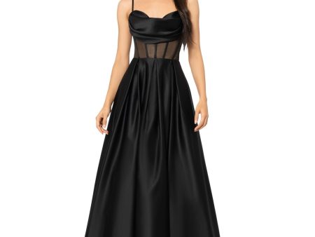 BLONDIE NITES Womens Black Zippered Pocketed Pleated Tulle Padded Semi-sheer Spaghetti Strap Cowl Neck Full-Length Formal Gown Dress on Sale