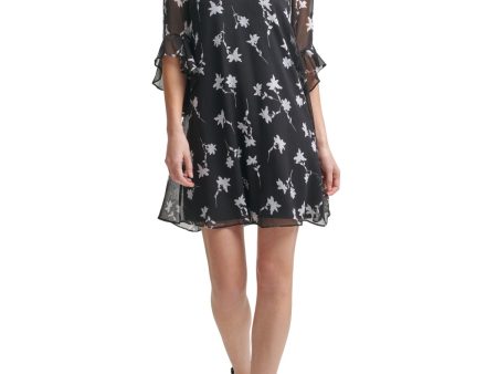 CALVIN KLEIN Womens Black Lined Keyhole Floral Bell Sleeve V Neck Short Shift Dress Online