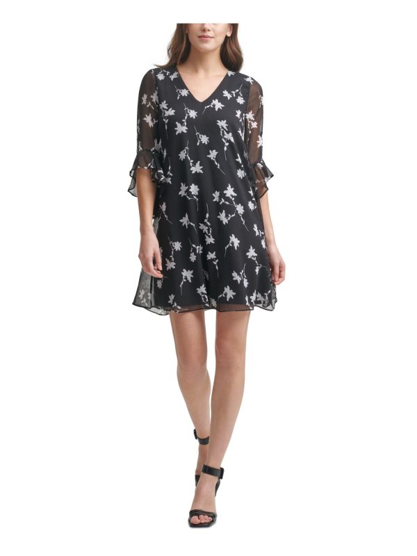 CALVIN KLEIN Womens Black Lined Keyhole Floral Bell Sleeve V Neck Short Shift Dress Online