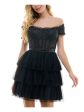 CITY STUDIO Womens Black Ruffled Zippered Layered Sheer Rib Cage Glitter Short Sleeve Off Shoulder Short Formal Fit + Flare Dress Sale