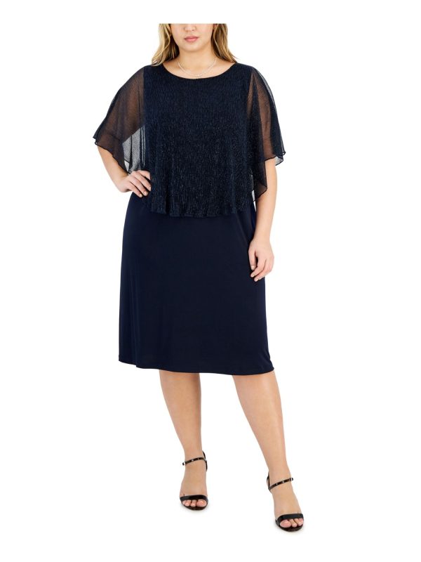 CONNECTED APPAREL Womens Navy Unlined Metallic Mesh Overlay Pullover Flutter Sleeve Round Neck Knee Length Party Shift Dress Online Sale