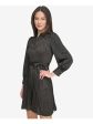 DKNY Womens Black Belted Pleated Button Down Printed Cuffed Sleeve Collared Short Cocktail Shirt Dress on Sale