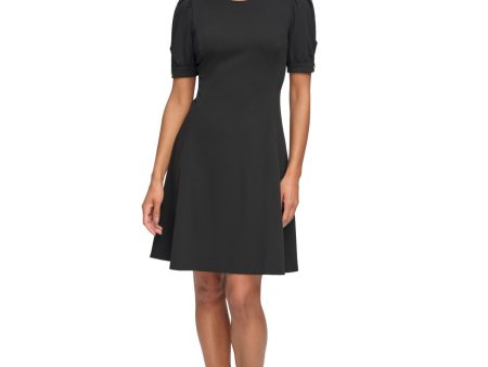 DKNY Womens Black Zippered Button Trimmed Cuffs Short Sleeve Round Neck Above The Knee Wear To Work Fit + Flare Dress on Sale