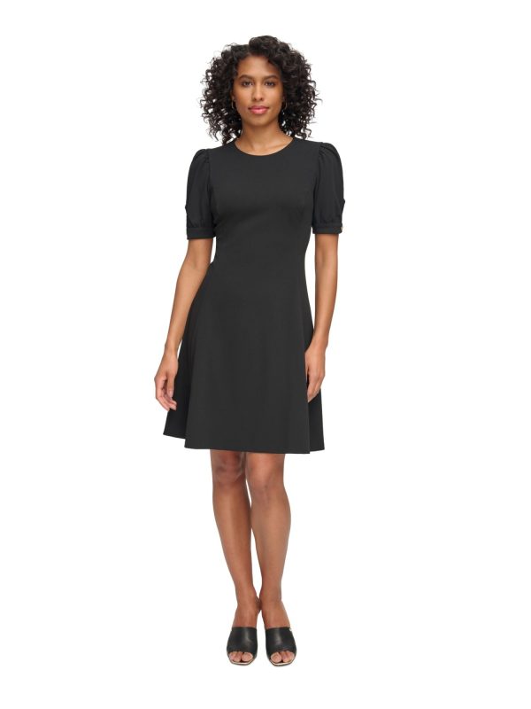 DKNY Womens Black Zippered Button Trimmed Cuffs Short Sleeve Round Neck Above The Knee Wear To Work Fit + Flare Dress on Sale