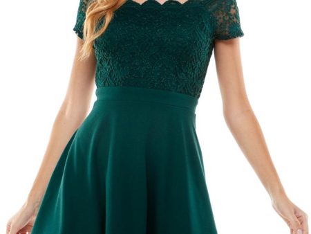 CITY STUDIO Womens Green Scalloped Pocketed Corset-laced Back Zippered Short Sleeve Off Shoulder Short Party Fit + Flare Dress Hot on Sale