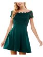 CITY STUDIO Womens Green Scalloped Pocketed Corset-laced Back Zippered Short Sleeve Off Shoulder Short Party Fit + Flare Dress Hot on Sale