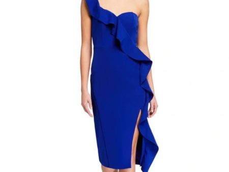 AIDAN Womens Blue Ruffled Zippered Slitted Lined Sleeveless Asymmetrical Neckline Midi Cocktail Sheath Dress Online now