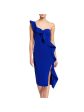 AIDAN Womens Blue Ruffled Zippered Slitted Lined Sleeveless Asymmetrical Neckline Midi Cocktail Sheath Dress Online now