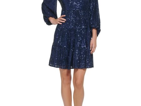 ELIZA J Womens Navy Sequined Zippered Tiered Skirt Lined Balloon Sleeve V Neck Short Party Fit + Flare Dress Online now