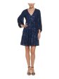 ELIZA J Womens Navy Sequined Zippered Tiered Skirt Lined Balloon Sleeve V Neck Short Party Fit + Flare Dress Online now